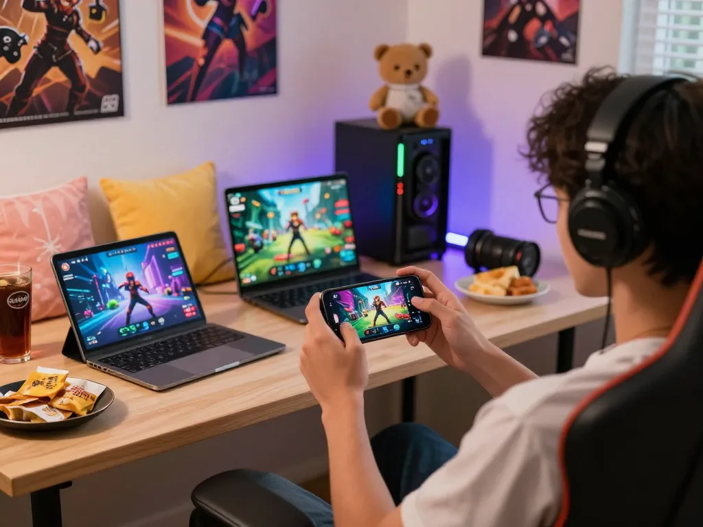 Kwin Mobile gaming experience on smartphone, user enjoying vibrant graphics in cozy setup with snacks and ambient lighting.