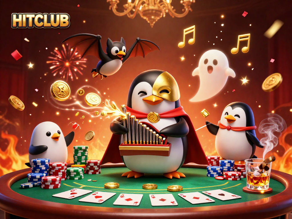 Experience the thrill of HITCLUB with a golden coin shower from the penguin's organ amidst poker excitement.