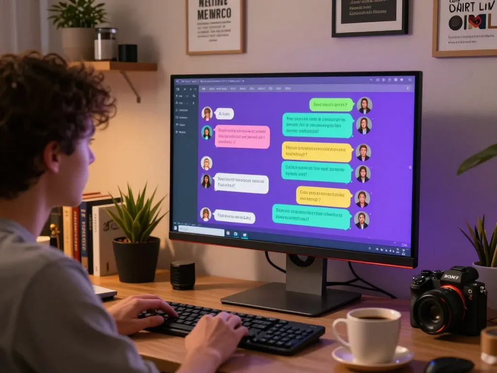Engaging crush on AI interaction scene in a modern home office with lively chats