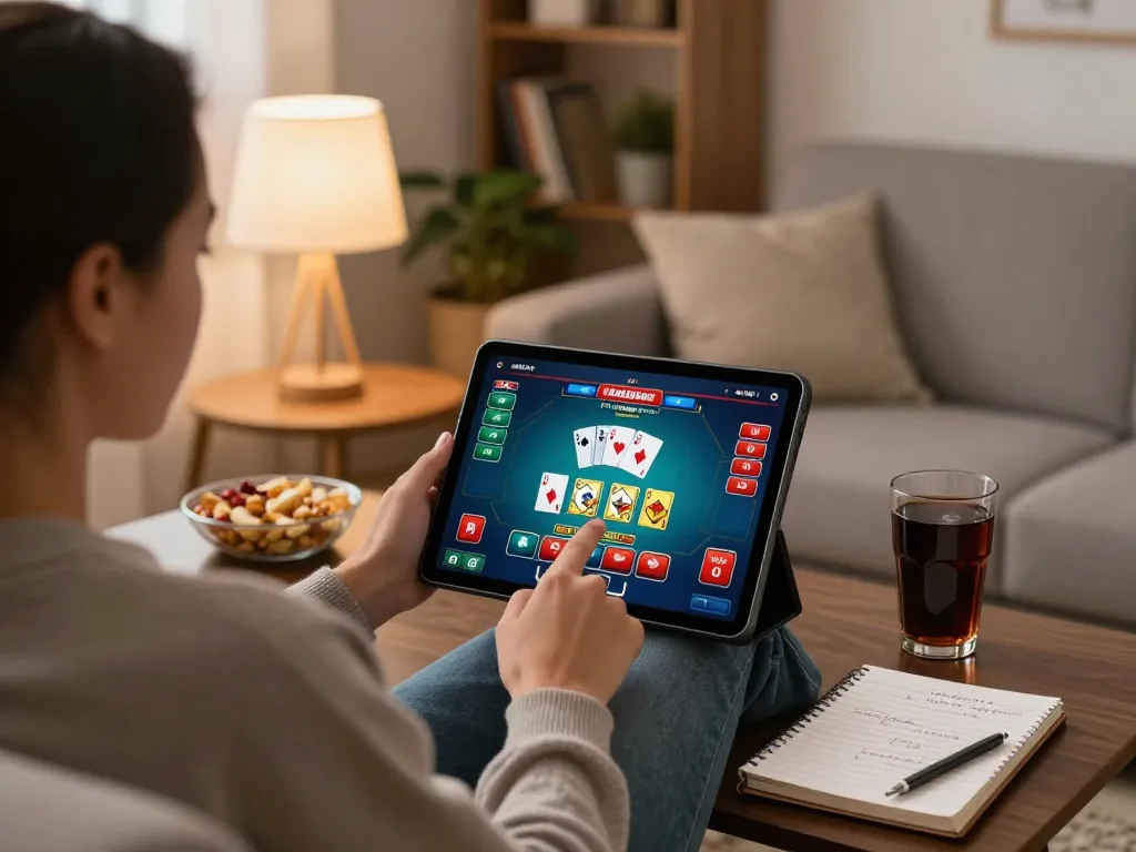 Engaging in online poker gameplay on F168, showcasing strategy notes and cozy home atmosphere.