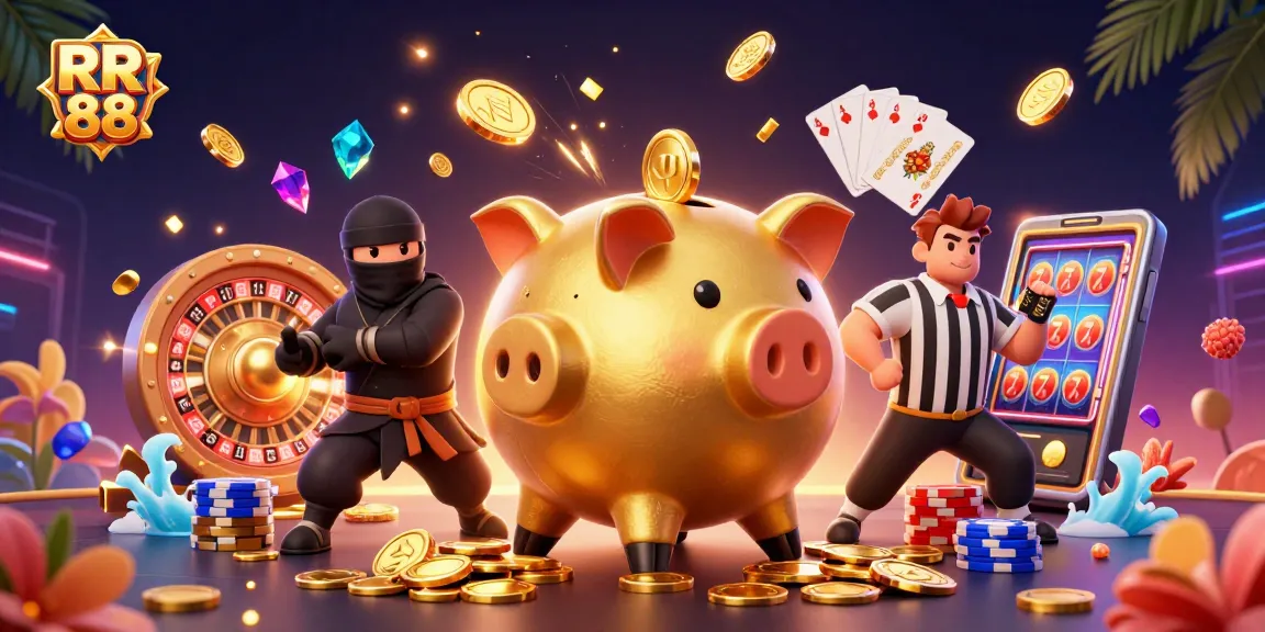 Experience the excitement of RR 88 with dynamic casino characters and vibrant gambling elements.