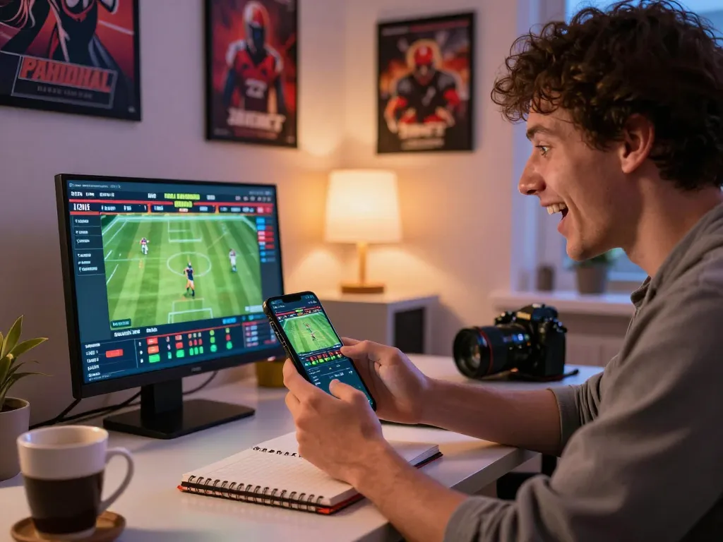 Engaging in sports betting using https://net88.market/ mobile app in a modern home office