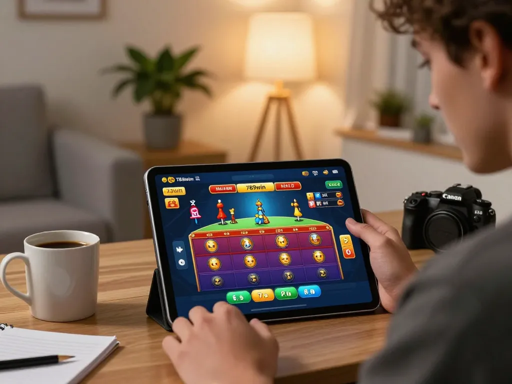 A player engaging with the 789win app on a tablet in a cozy home setting, showcasing responsible gaming.