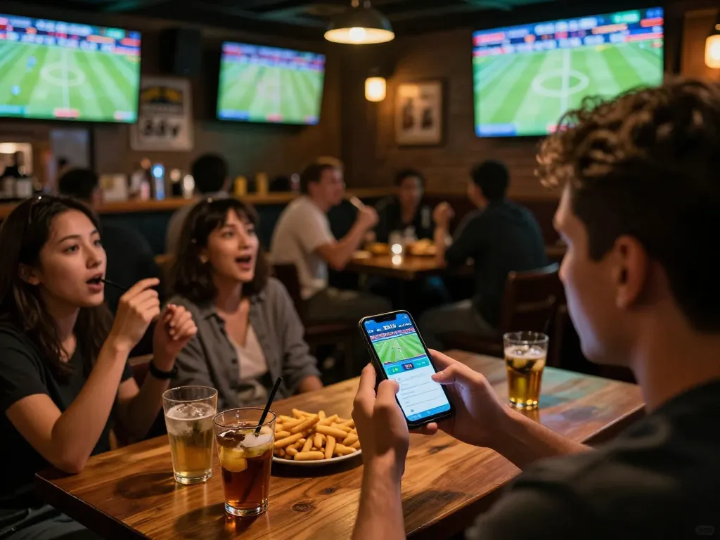Patrons enjoying sports betting using the 88vv app in a lively bar setting.