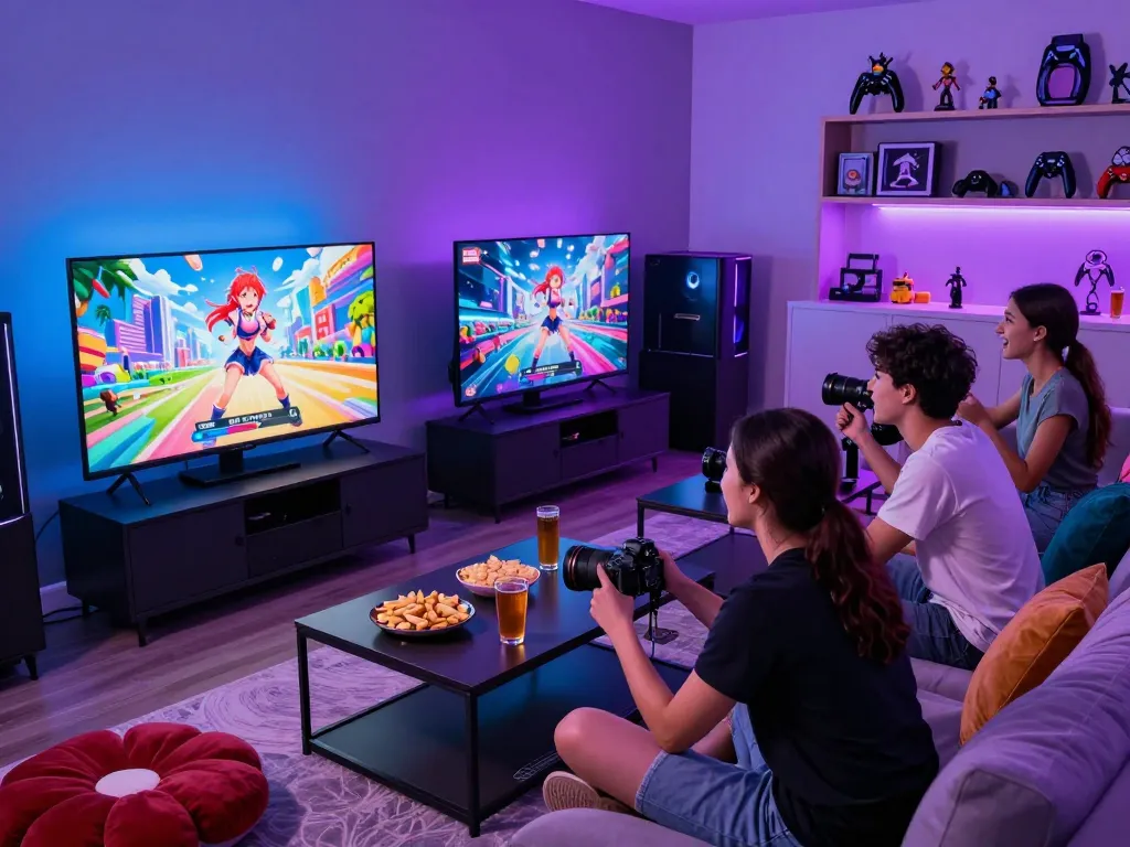 Friends enjoying an anime porn game on a big screen with snacks in a cozy gaming room