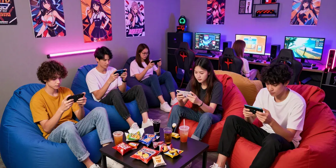 Young adults enjoying a mobile hentai game in a vibrant gaming lounge.