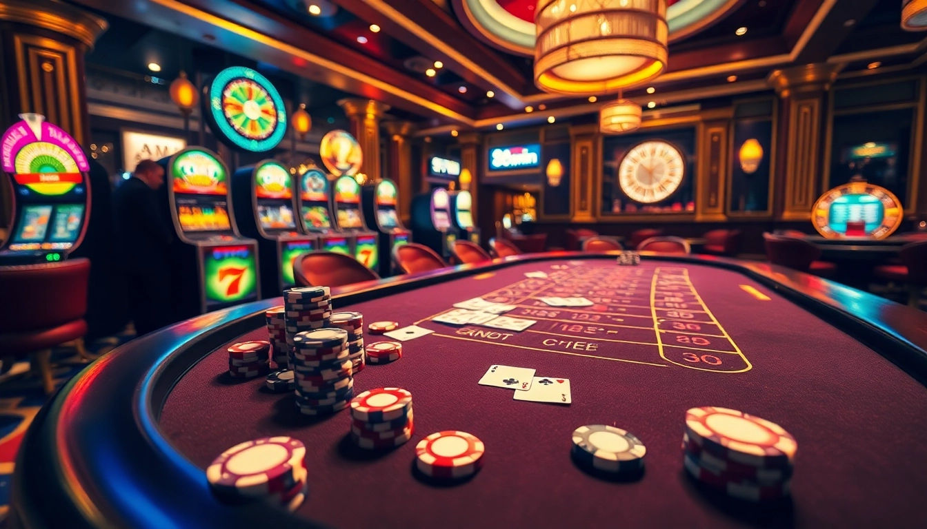 Players enjoying blackjack at 98win casino, surrounded by poker chips and vibrant slot machines.