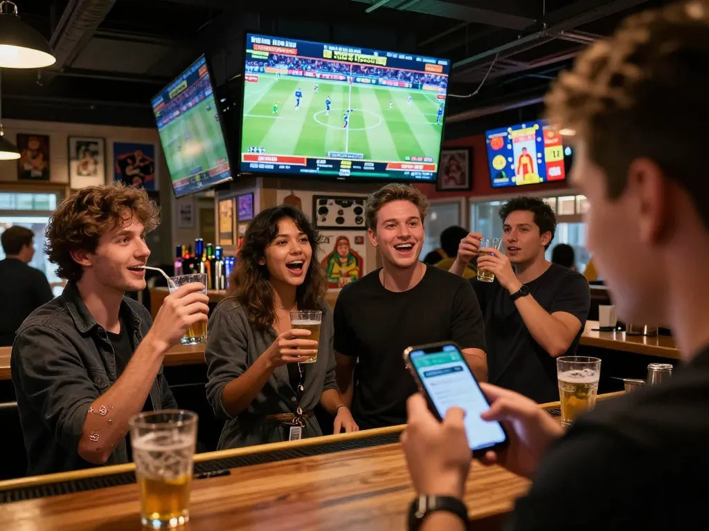 Engaged patrons betting live on sports at https://vin88.football/ within a vibrant sports bar setting.