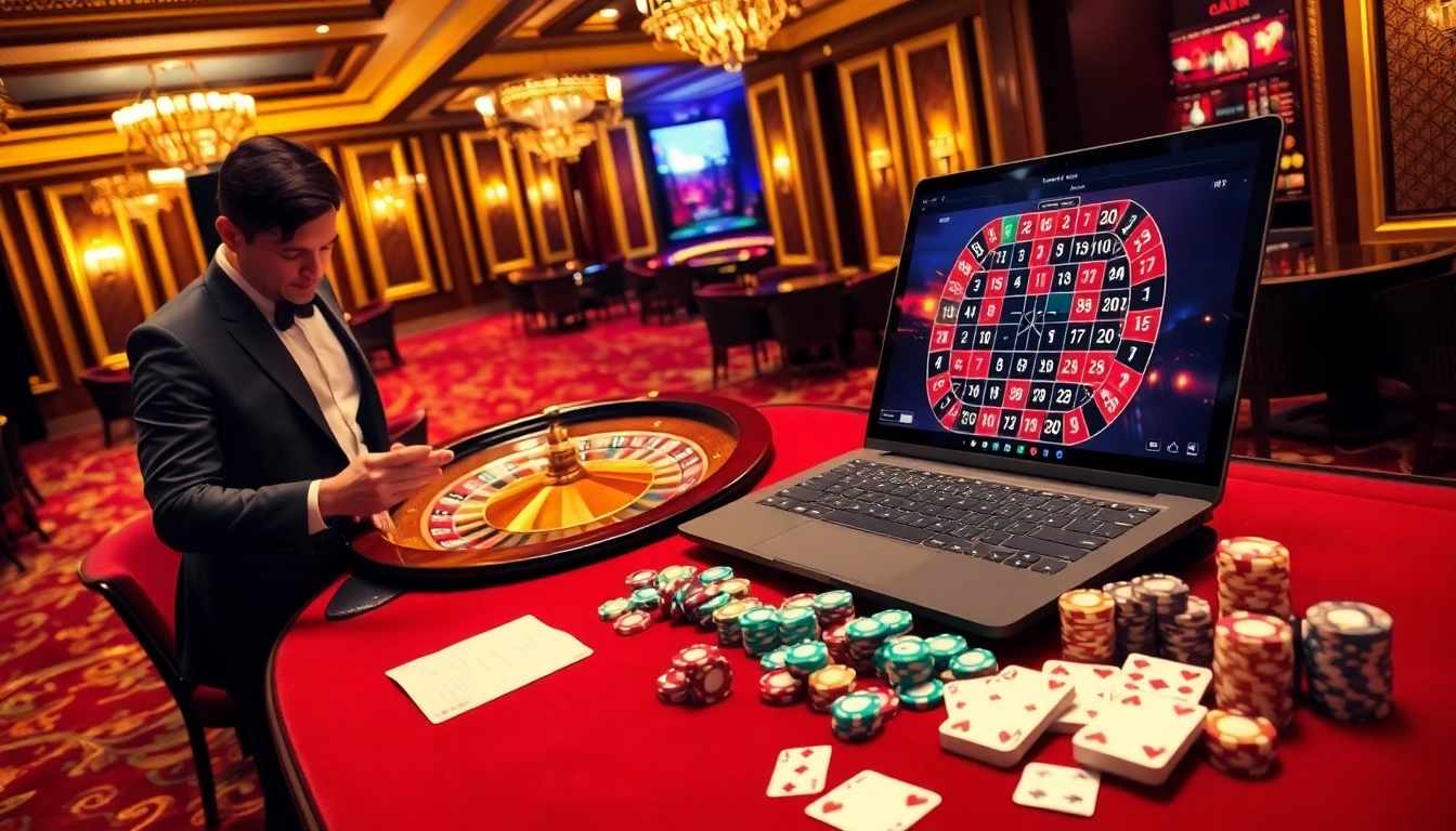 Experience thrilling moments betting at https://lu88n.com/ with an elegant casino scene featuring roulette and chips.