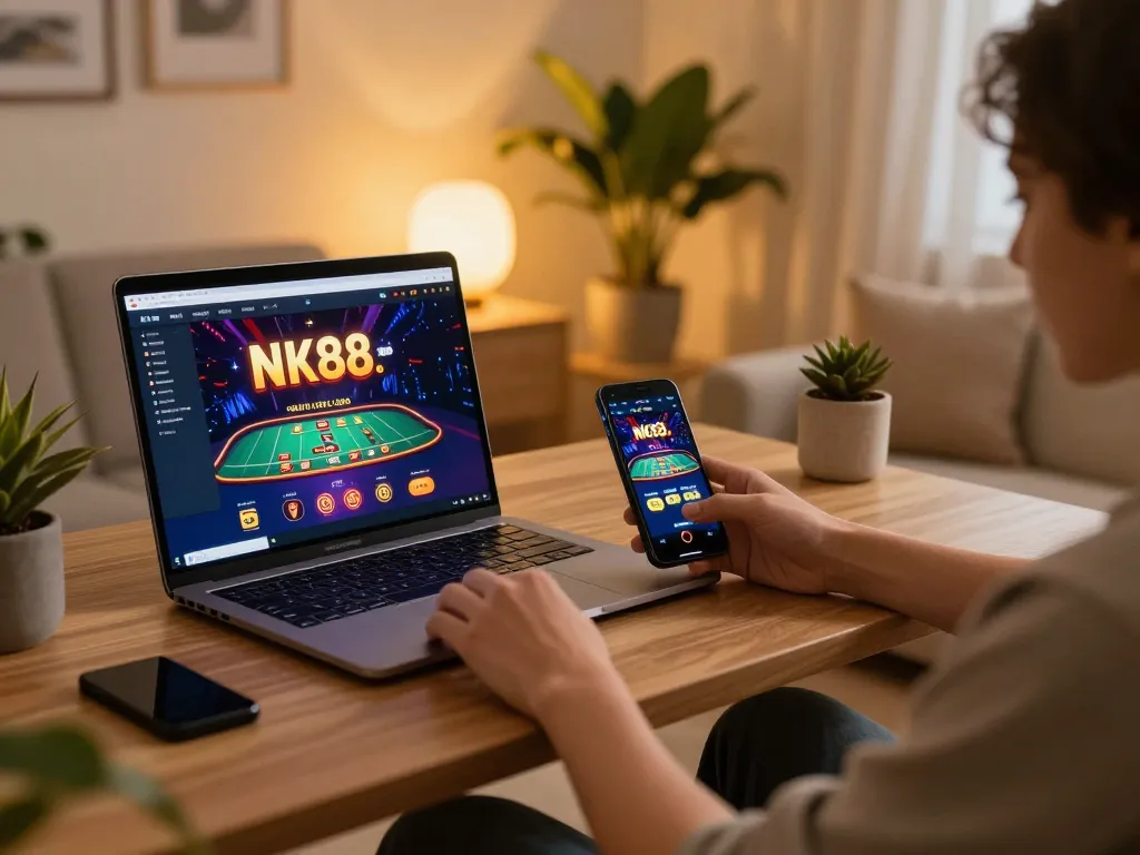 Engaging moment of online gambling at NK88.COM with laptop and smartphone in a cozy home setup