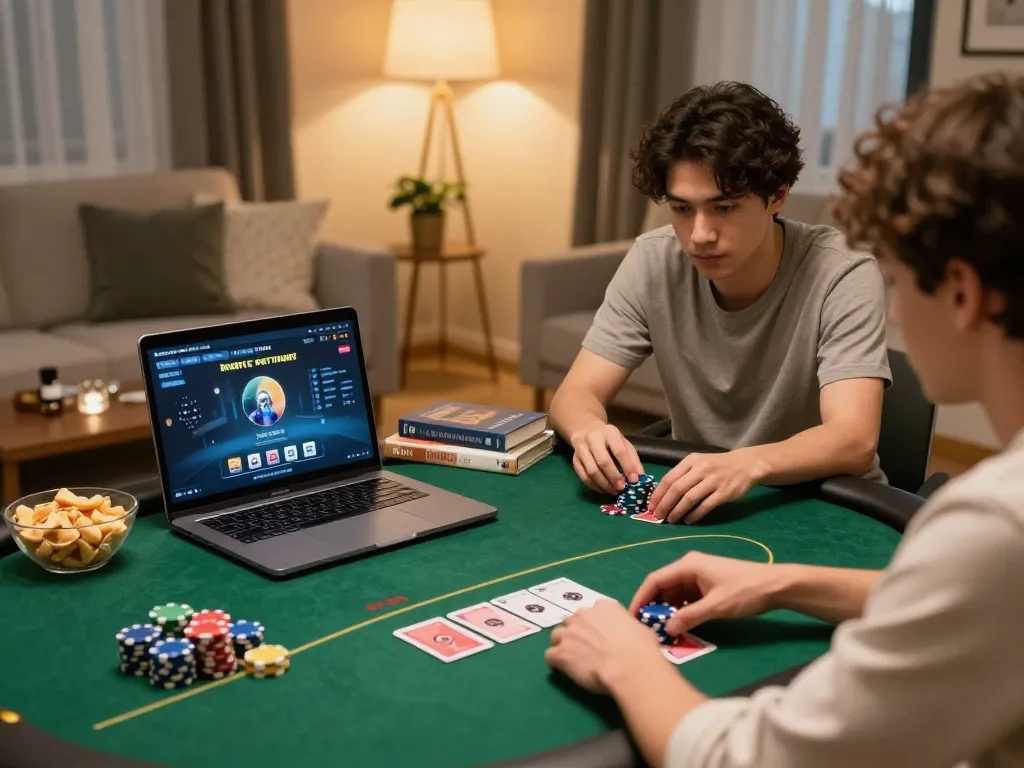 Online poker player strategizing at home with 32win gaming interface and cozy decor.