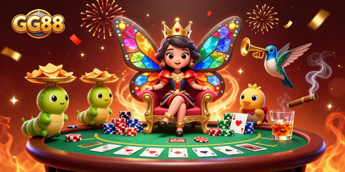 Experience the charm of GG88 as the butterfly queen rules a vibrant casino scene filled with poker chips and cards.