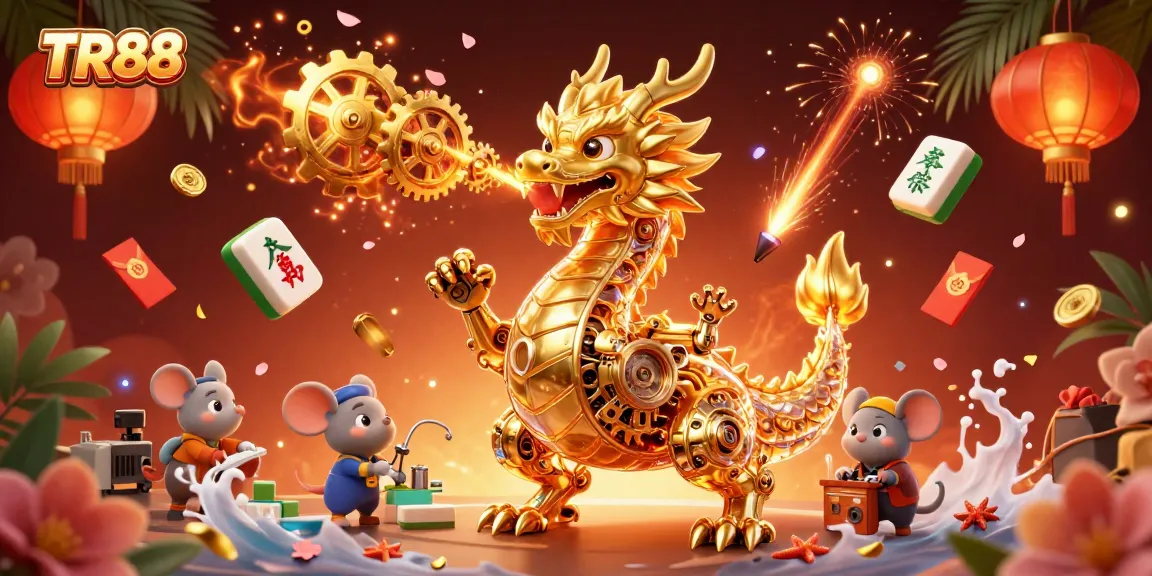 Engage in thrilling TR88 casino action with a 3D golden dragon and festive game elements.