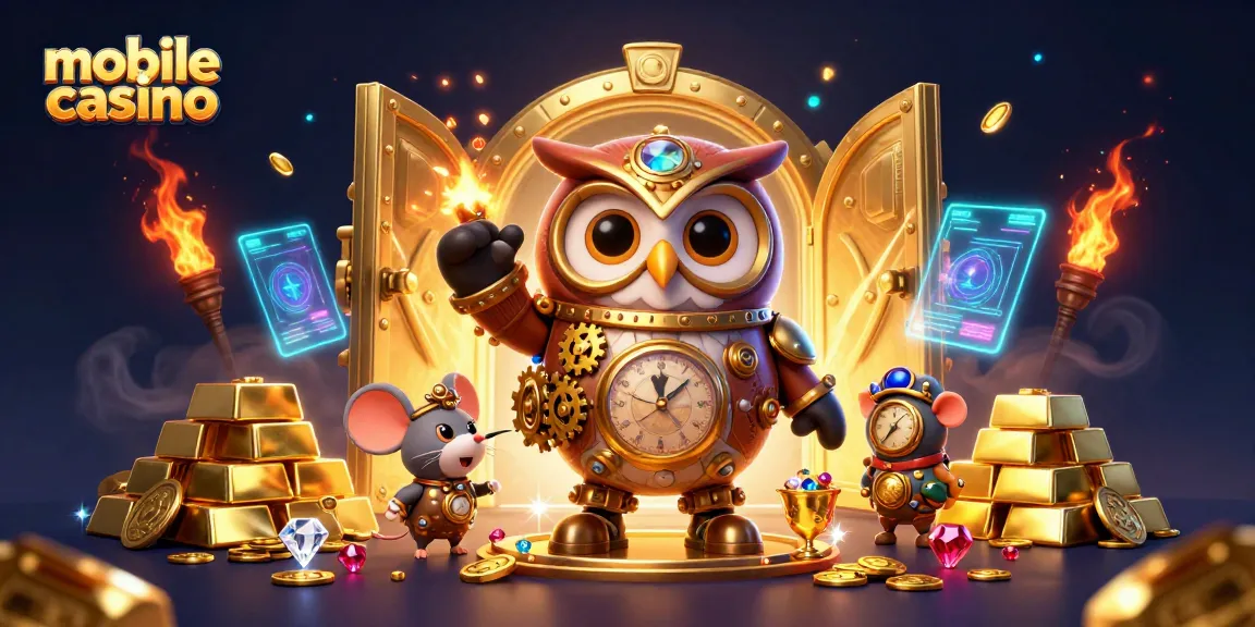 Experience thrilling gameplay at a mobile casino with a vibrant 3D owl illustration.